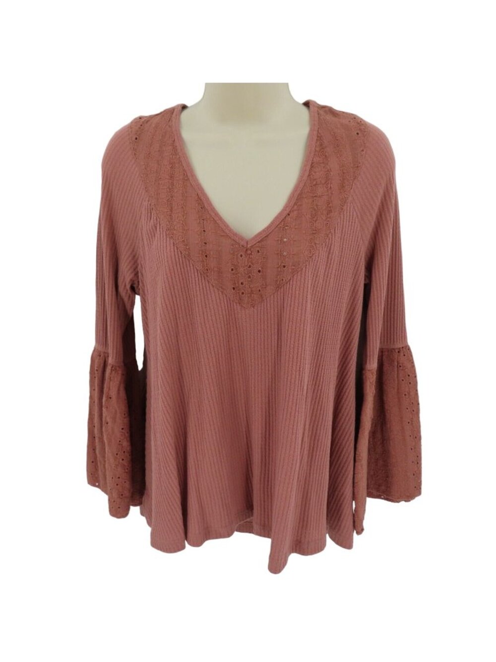Free People Extra Small Parisian Nights OB921813 Pink Eyelet Bell Sleeve Shirt